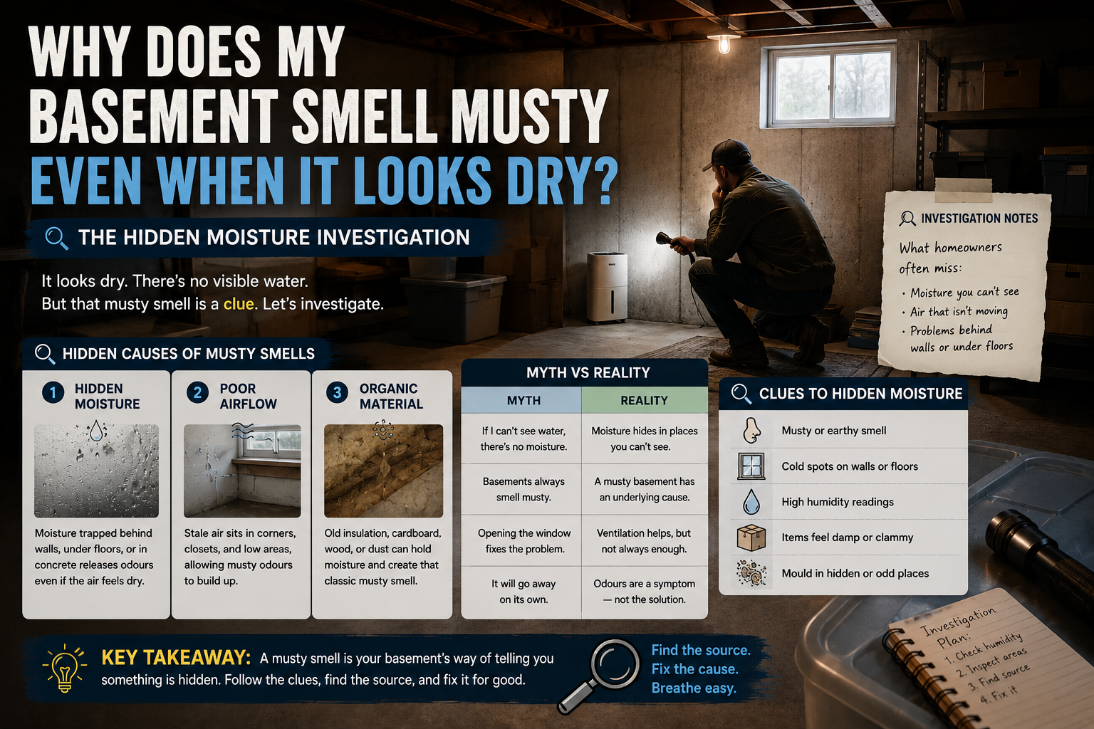 Basement that looks dry but smells musty because of hidden moisture