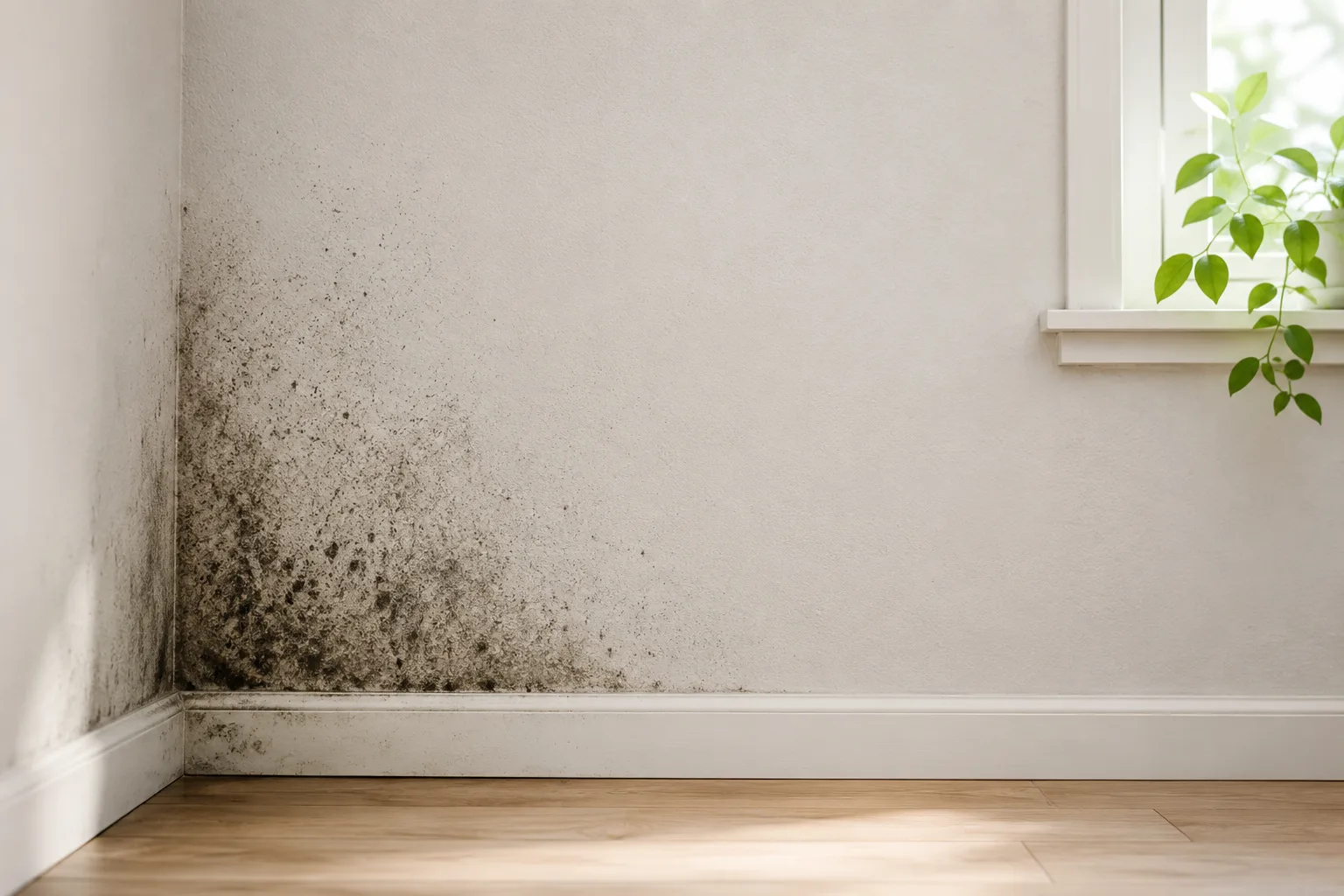 Interior wall with subtle mold clues and clean editorial home styling